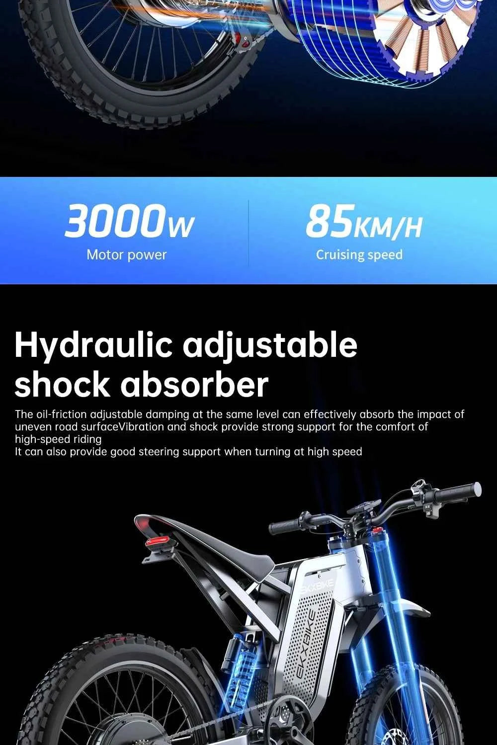 EKX X21 Max Electric Motorcycle EBIKE 3000W Brushless Gearless Motor, 60V 30Ah Battery, 85km/h, Adult Off-Road Ebike