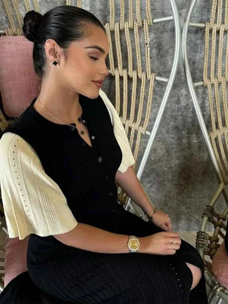 Knitted Women Long Dresses Hollow Out Short Sleeved Women Split Dress O-neck Single Breasted Female Solid Elegant Ladies Robe