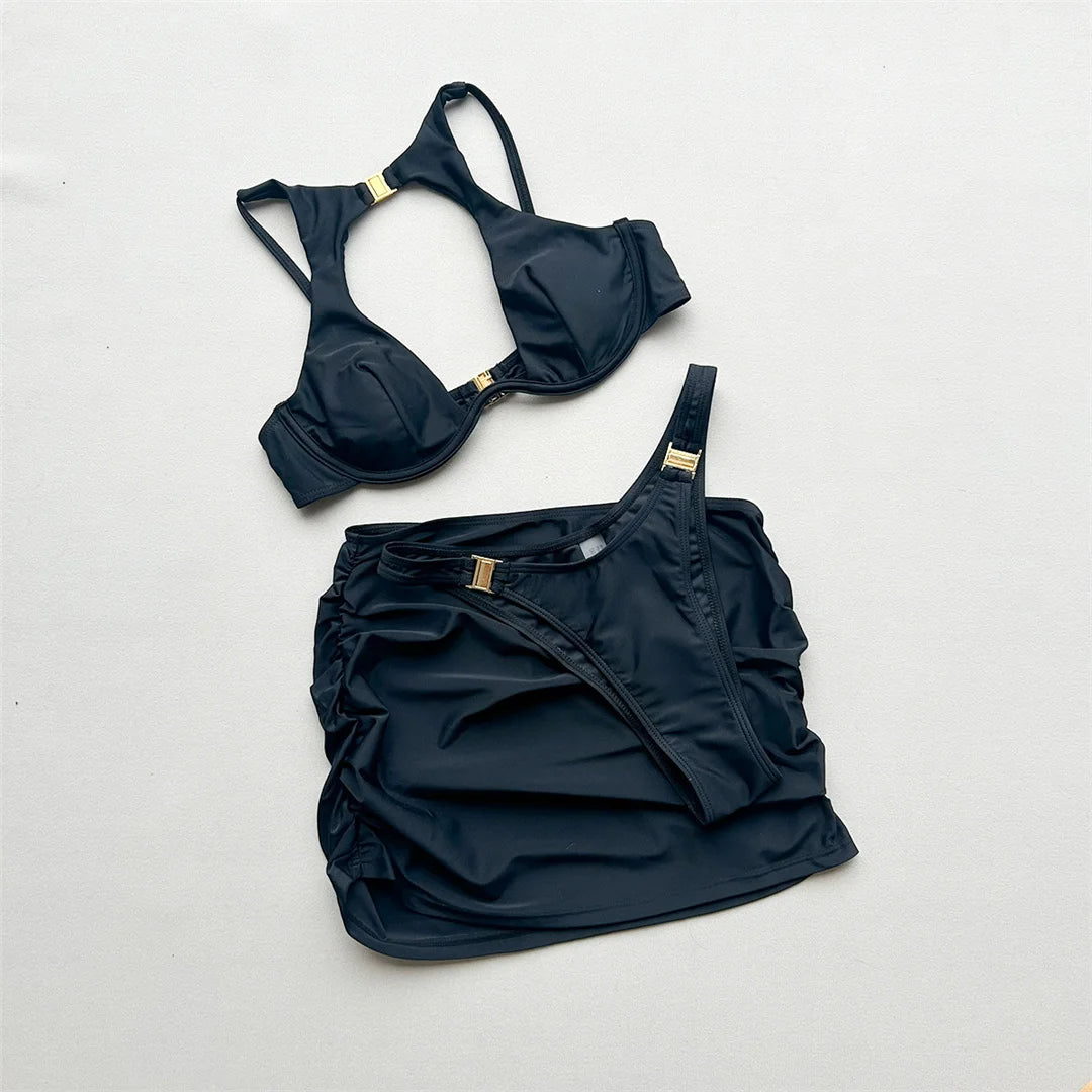 3PCS With Skirt Underwired Cut Out Bikini Women Swimwear Female Swimsuit Three-Pieces Bikini Set Bather Bathing Suit Swim V7733