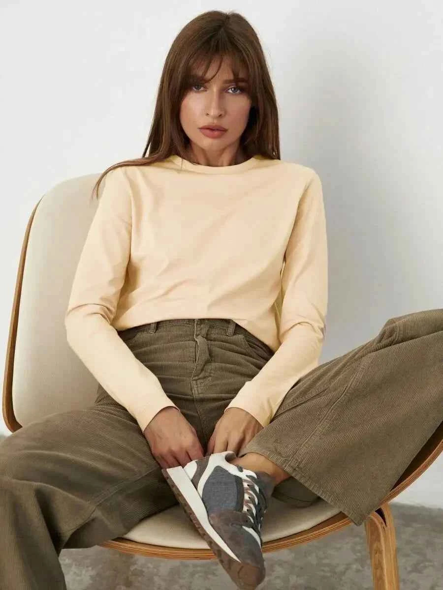 Wolfeel Women's Spring Autumn 100% Cotton T-shirt Bottoming Basic Solid Lady Long Sleeve Loose Tops Shirts Oversized T Shirt