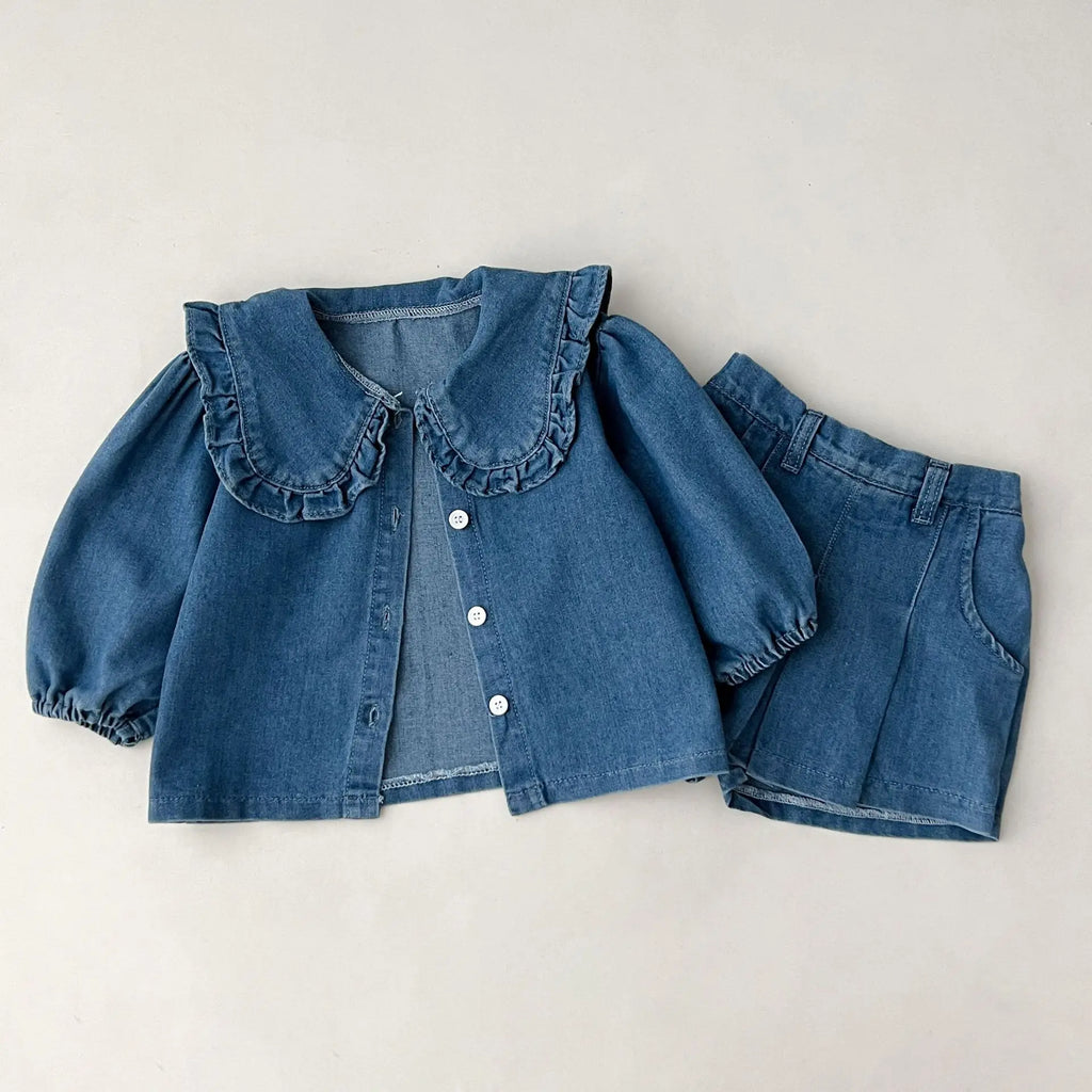 Fashionable Childrens Set Denim Top+Jeans Short Korean Version Girl Casual Sports Two-Piece Set 0-6 Year Old Childrens Cloth