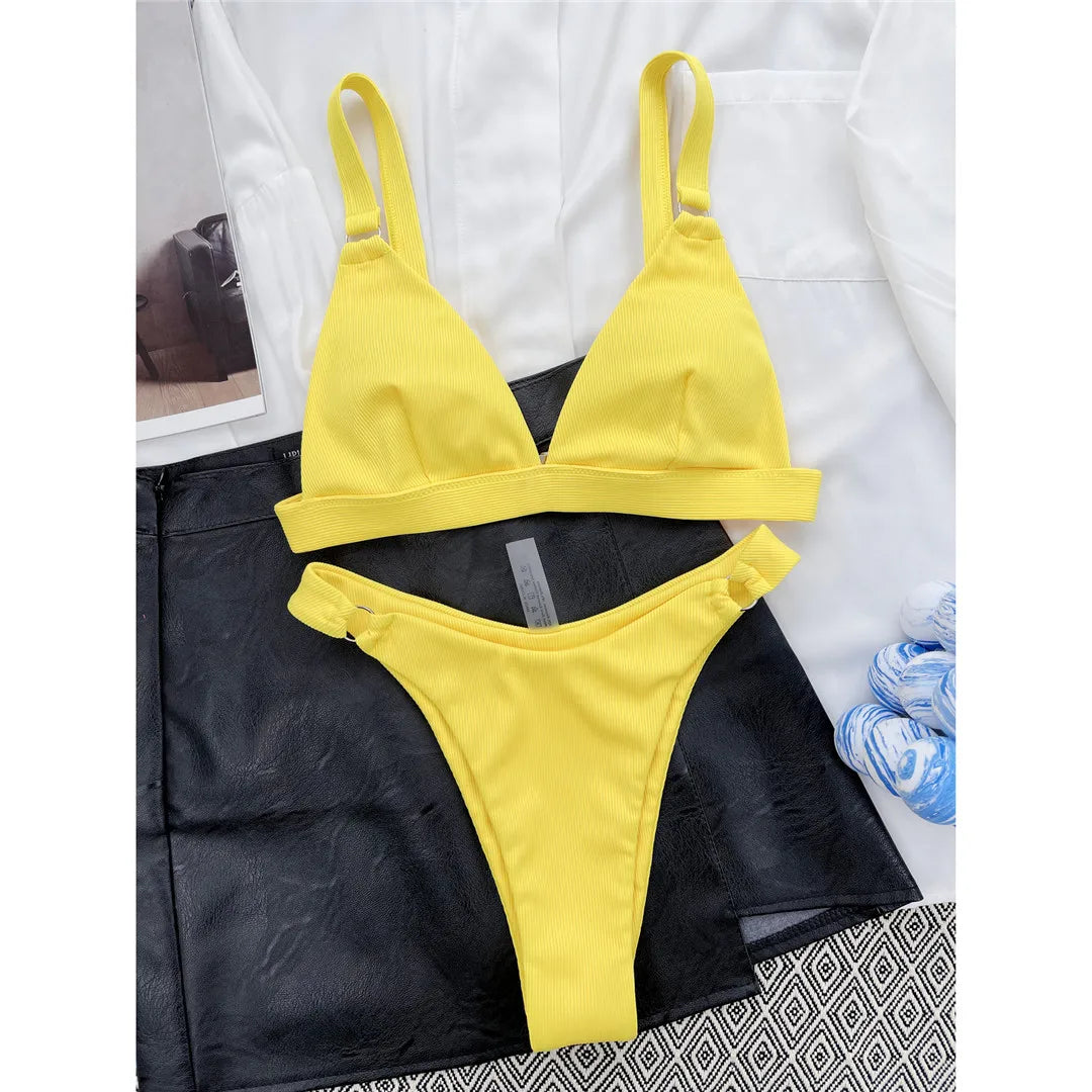 Sexy High Leg Cut Ribbed Bikini Women Swimwear Female Swimsuit Two-pieces Bikini set Padded Bather Bathing Suit Swim Lady V3255