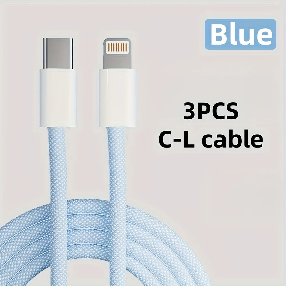 Blue-3PCS Color USB-C to Lightning Braided Charging Cable 2.4A