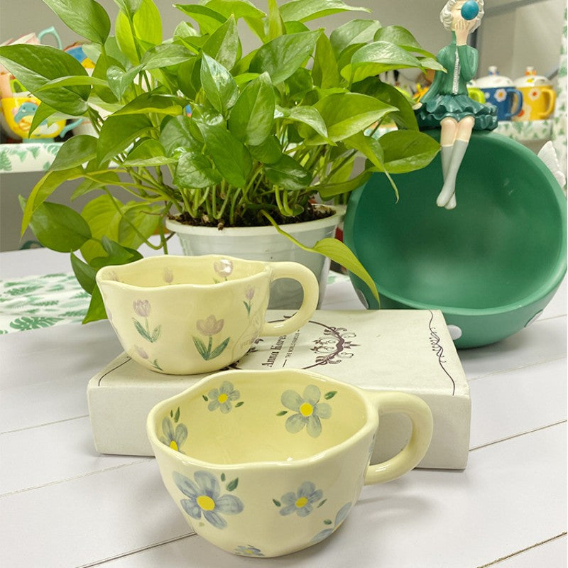 Hand Pinched Irregular Flower Ceramic Mugs Coffee Cups Milk Tea Cup Ins Korean Style Oatmeal Breakfast Mug Drinkware Kitchen cup