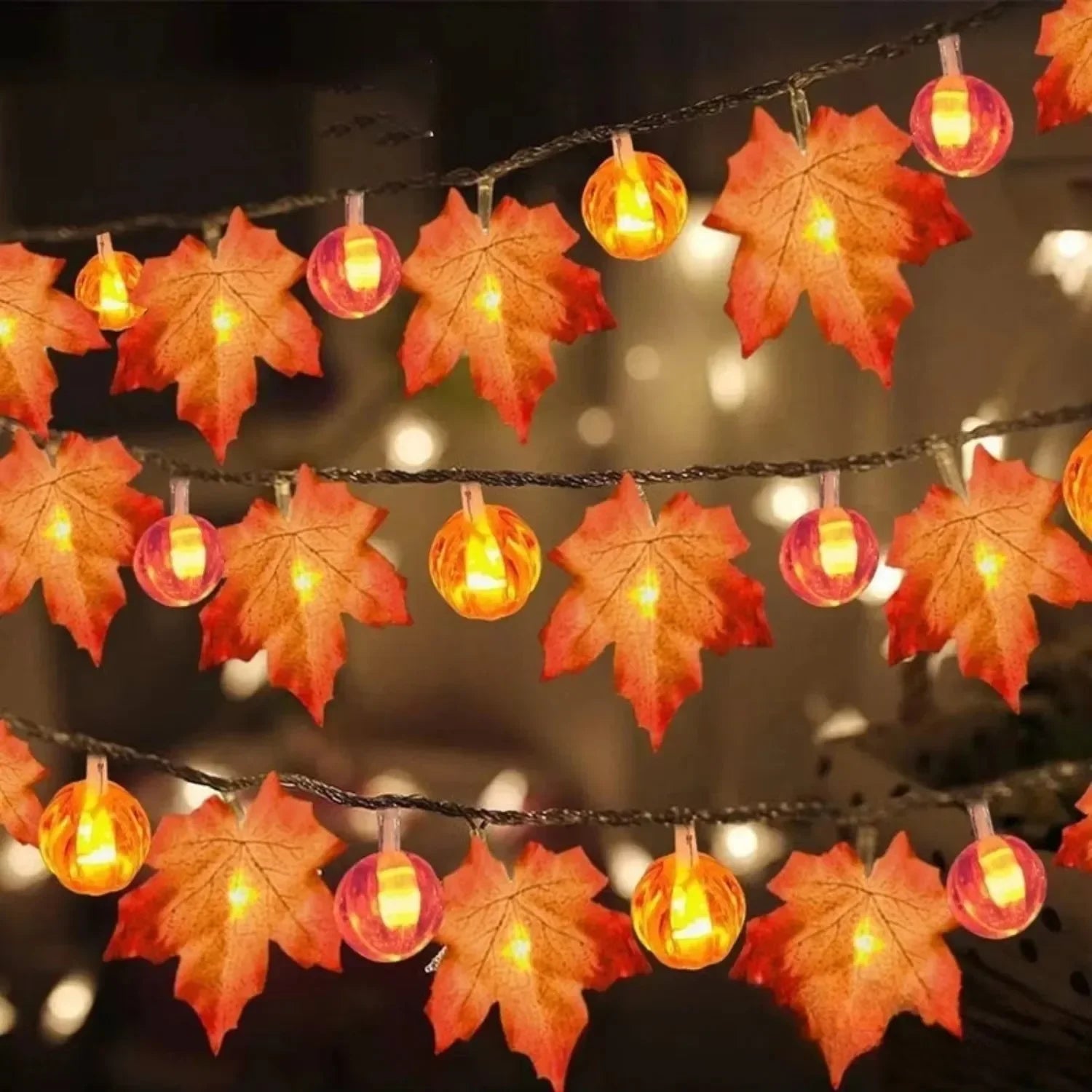 Indoor Home Autumn Harvest Festival Decor 1PC 3D Pumpkin & Maple Leaves String Lights Halloween Thanksgiving Decor Lamp