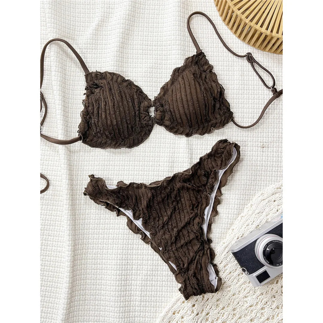 Wrinkled Crinkled Frilled Bikini Female Swimsuit Women Swimwear Two-Pieces Bikini Set Brazilian Bather Bathing Suit Swim V8053