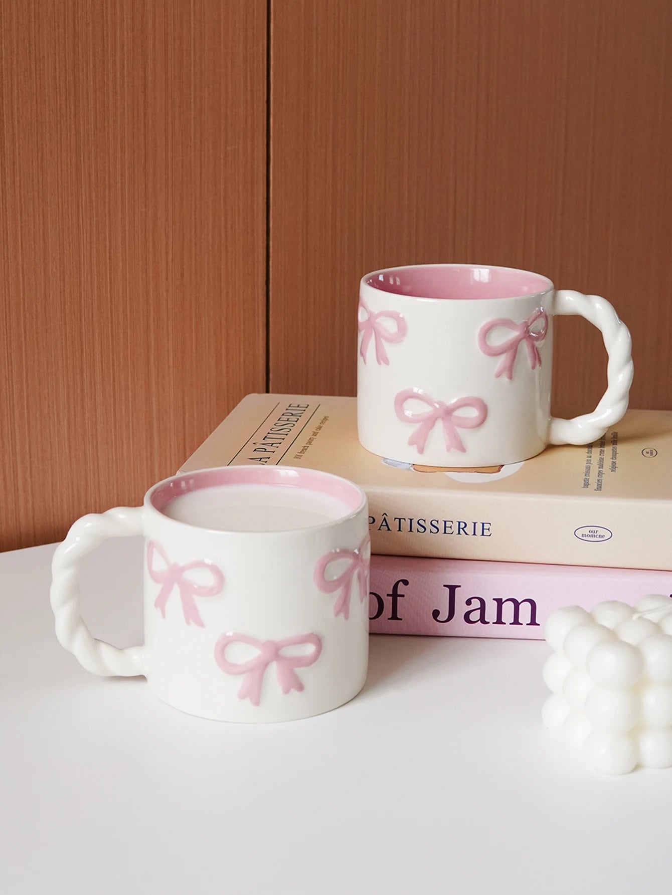 1Pc 13.4oz Pink Ceramic Mug with Bowknot, Ceramic Cup with Twisted Handle, Exquisite and Simple Pink Embossed Cup, Suitable for Latte Art in Coffee Shops, Home Decor Drinkware, Drinking Cup for Kitchen, Living Room, Bedroom,