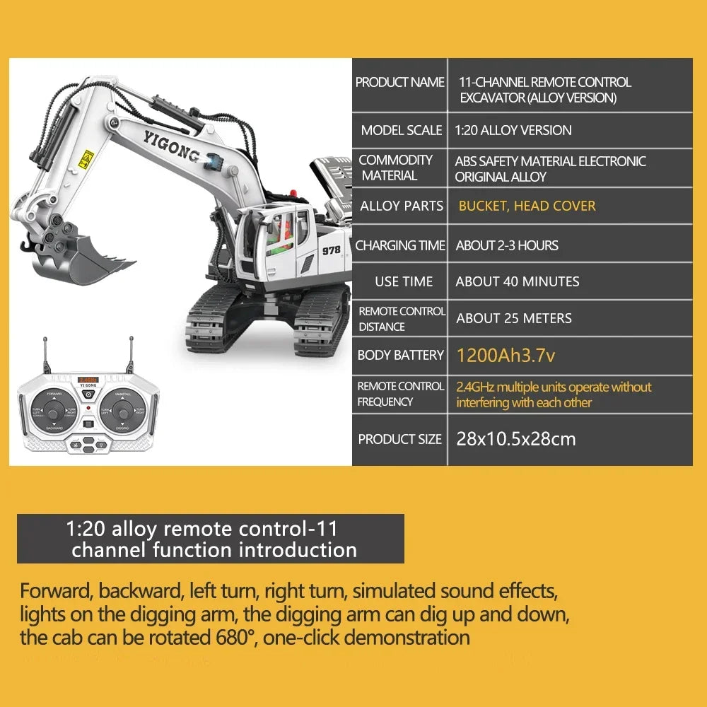 2.4G 11 Channels RC Excavator Dump Bulldozer Cart Trucks Bulldozer Alloy Vehicle  Remote Control Excavator Gift Toys for Boy