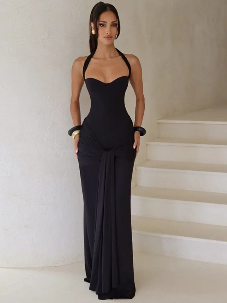 Sexy Backless Lace Up Halter Neck Maxi Dress Women Sleeveless Ruched Waist Draped Bodycon Dresses Party Evening Cocktail Robes
