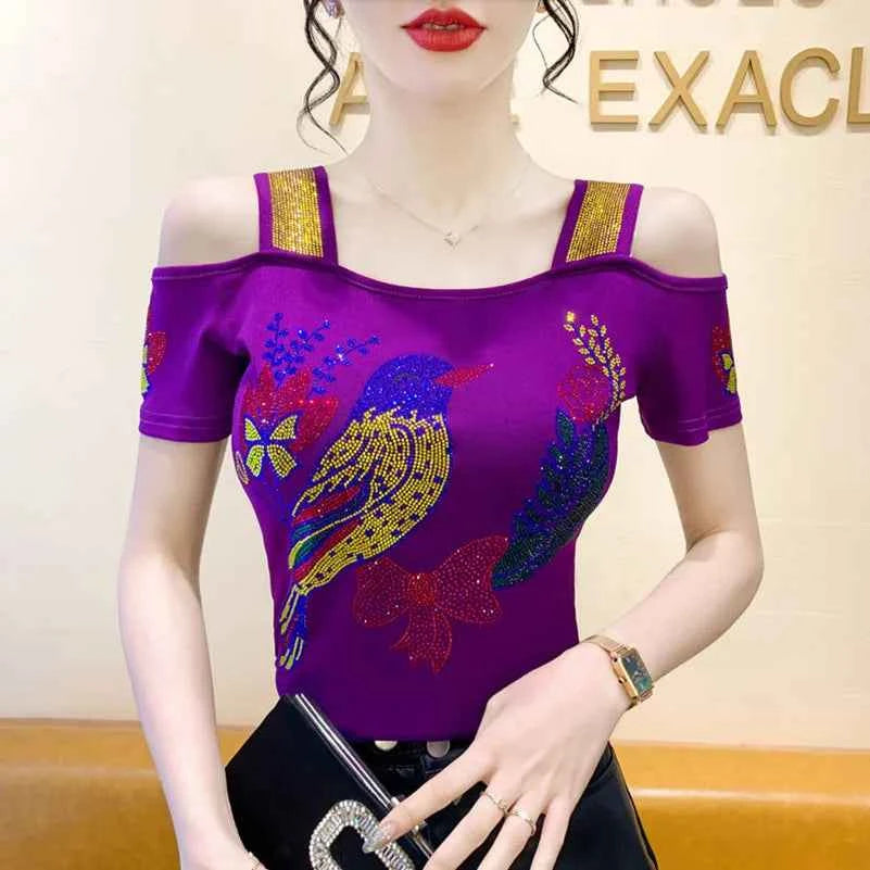 New Arrival Summer European Clothes Women's T-Shirts Chic Luxury Butterfly Hot Diamonds Tees Sexy Girl Slim Streetwear Tops