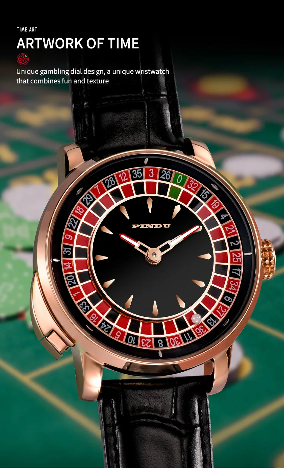 PINDU Player Series Mechanical Watches for Men European Roulette Game Dial Automatic Movement Funny Design Party  Watch