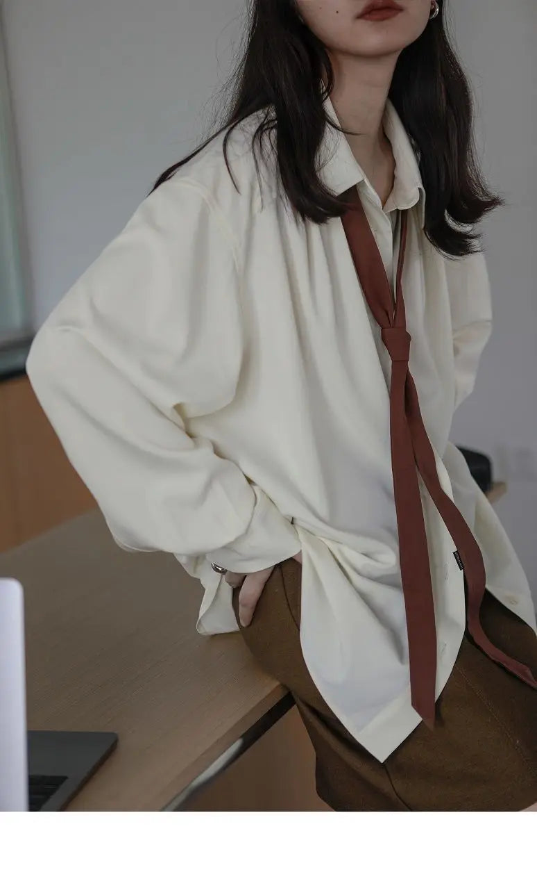 2026 Summer Women's Oversized Long Sleeve Blouse 2026 Summer New Arrival Tie Neck Shirt Loose Fit Office Elegant Fashion