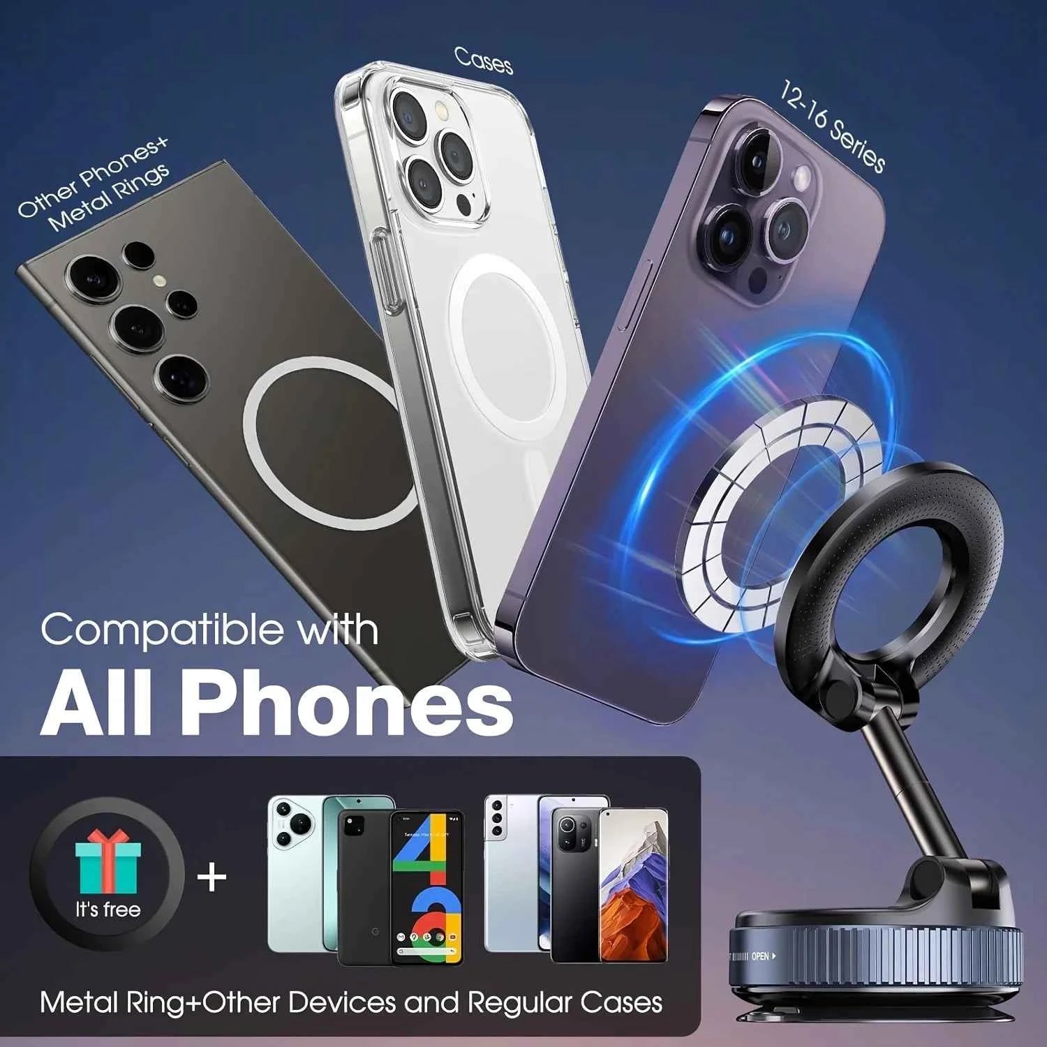 Foldable Magnetic Car Phone Holder – N52 Magnet, 360° Rotatable, Suction Cup for Dashboard, ABS, with Wrench & Pad, Gift
