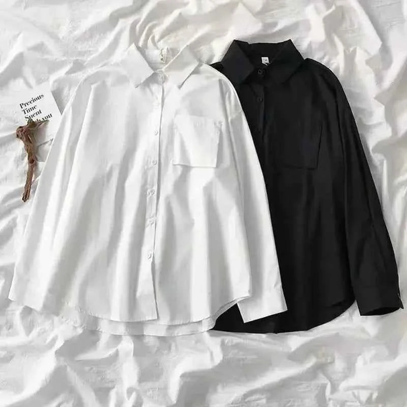 Japanese Style Loose Long Sleeve White Shirts Women Preppy Style Pocket Turn Down Collar Shirt Woman Harajuku Oversized Blouse
