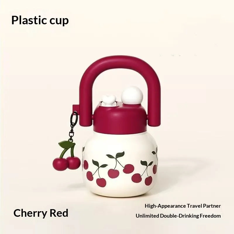 Cute Water Bottle with Decoration, Dual Straws Design, Anti-Lipstick Stain, Detachable Travel Strap Durable Plastic Material