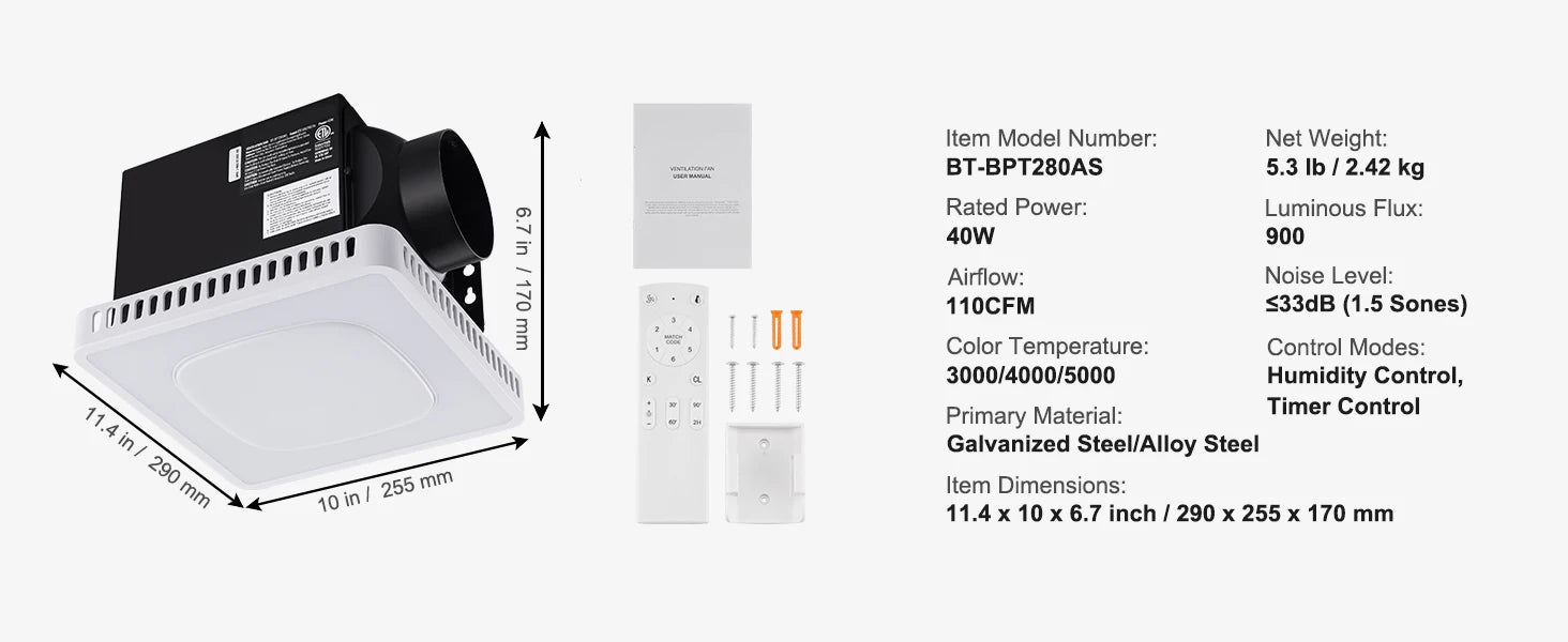 SucceBuy Bathroom Exhaust Fan 80/110CFM High-Efficiency Ventilation 1.5sones Low Noise Operation Energy-Saving Bathroom Ceiling