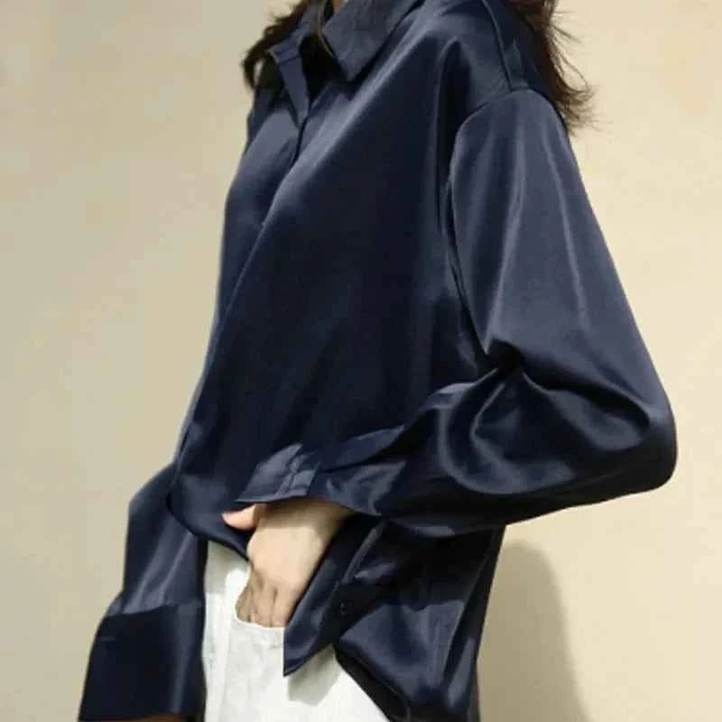 Spring Fashion Button Up Satin Silk Shirt Vintage Blouse Women White Tops Lady Long Sleeves Female Loose Street Shirts 11355