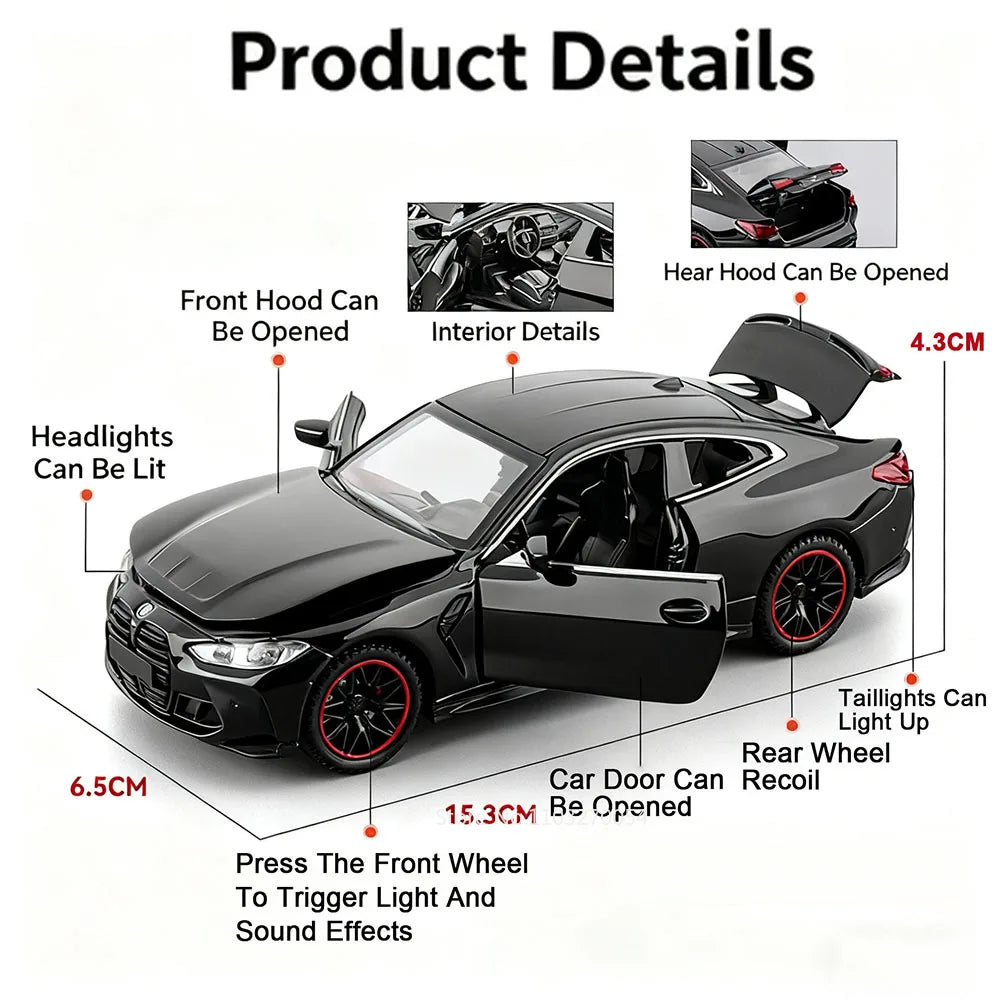 1:32 M4 M8 Miniature Car Alloy Diecast Model Toys 4 Doors Opened Rubber Tires Sound Light Pull Back Vehices Home Decor Ornaments