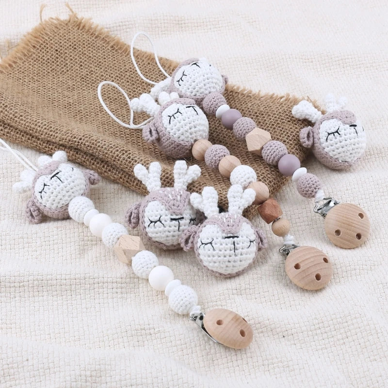 Crochet Animal Baby Pacifier Clip Accessories Handmade Knitted Bunny Teether Beads Newborn Nipple Clip Dummy Soother Holder Toy