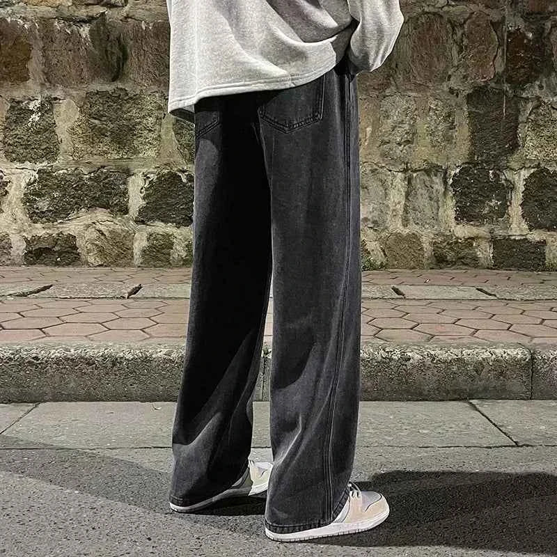 New Streetwear Loose Jeans Men Korean Style Fashion Loose Straight Wide Leg Pants Men's Brand Clothing Black Light Blue