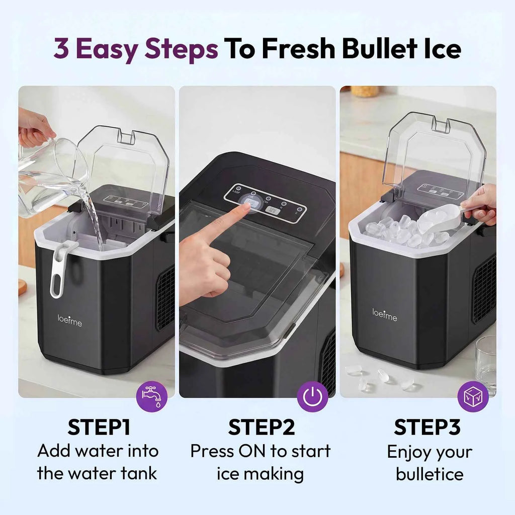 LOEFME 12kg/24h Electric Ice Maker Machine Bullet Ice 6 Mins 9pcs Ice Cubes Self-Cleaning Ice Maker for Home Cafes Camping Party