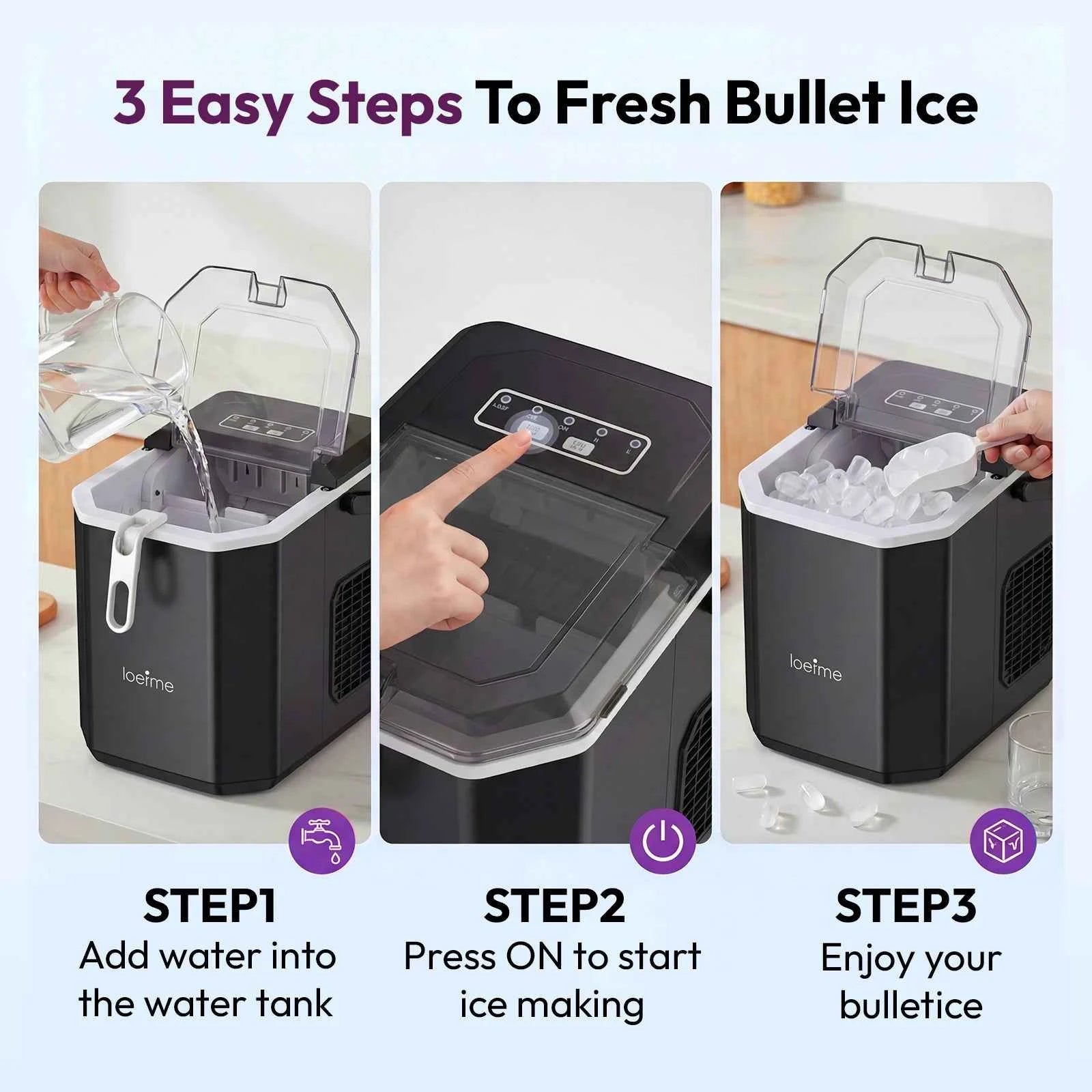 LOEFME 12kg/24h Electric Ice Maker Machine Bullet Ice 6 Mins 9pcs Ice Cubes Self-Cleaning Ice Maker for Home Cafes Camping Party