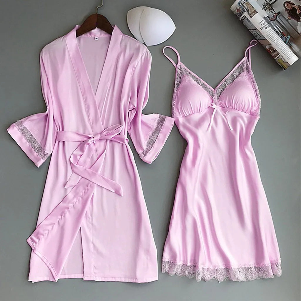 2pcs Women Pajamas Suit Silky Satin Nightgown Nightdress Set Lace Patchwork Lace-Up Women Bathrobe Sleepwear Set