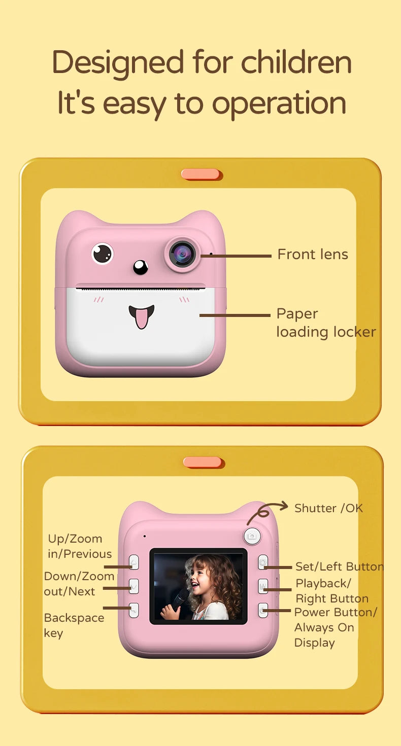 Kids Photo Camera Printer Mini Thermal Print Camera Children Digital Video Camera Toy Gifts for 4-12 Years Kids Girls Boys