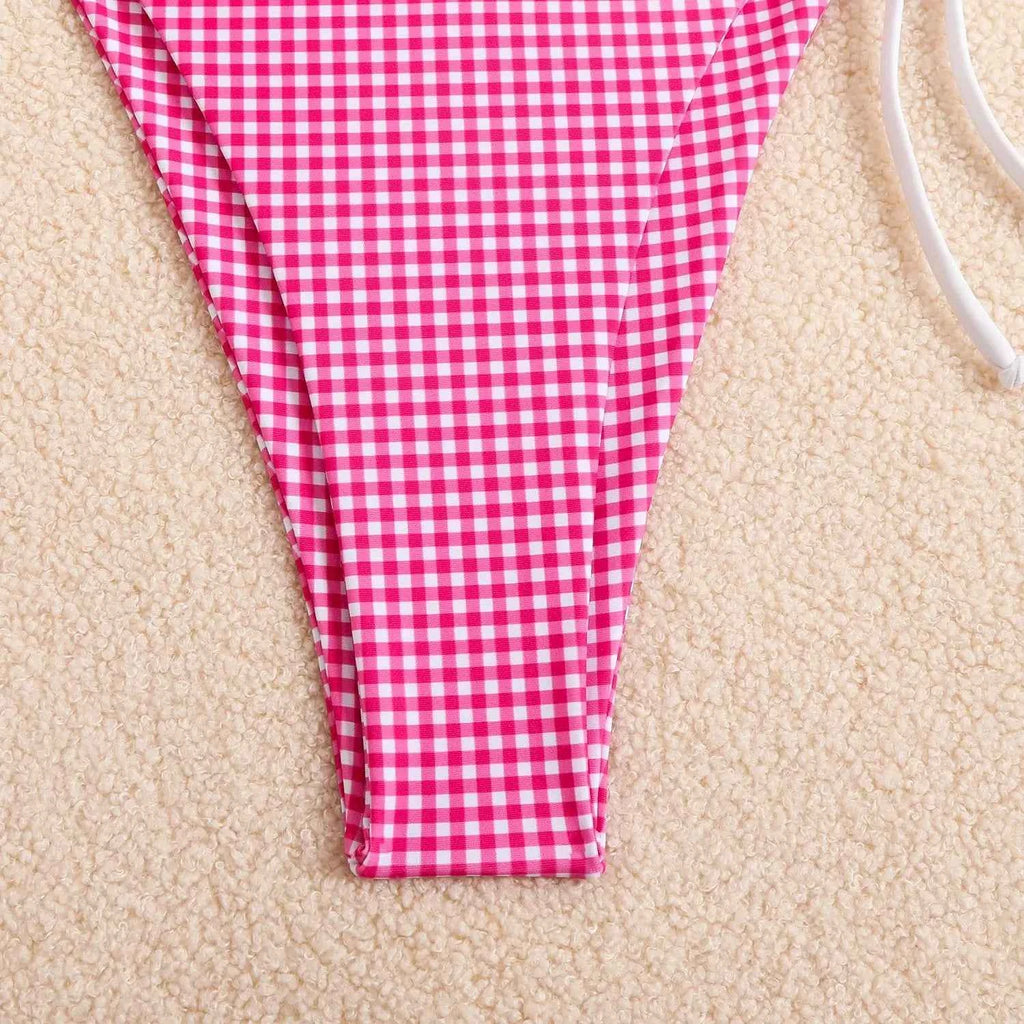 Circyy 2026 Bathing Suit Women Plaid Dot Split Swimsuit Neck-mounted Bow Tie Beachwear Vintage Simple Two-piece Bikinis Summer