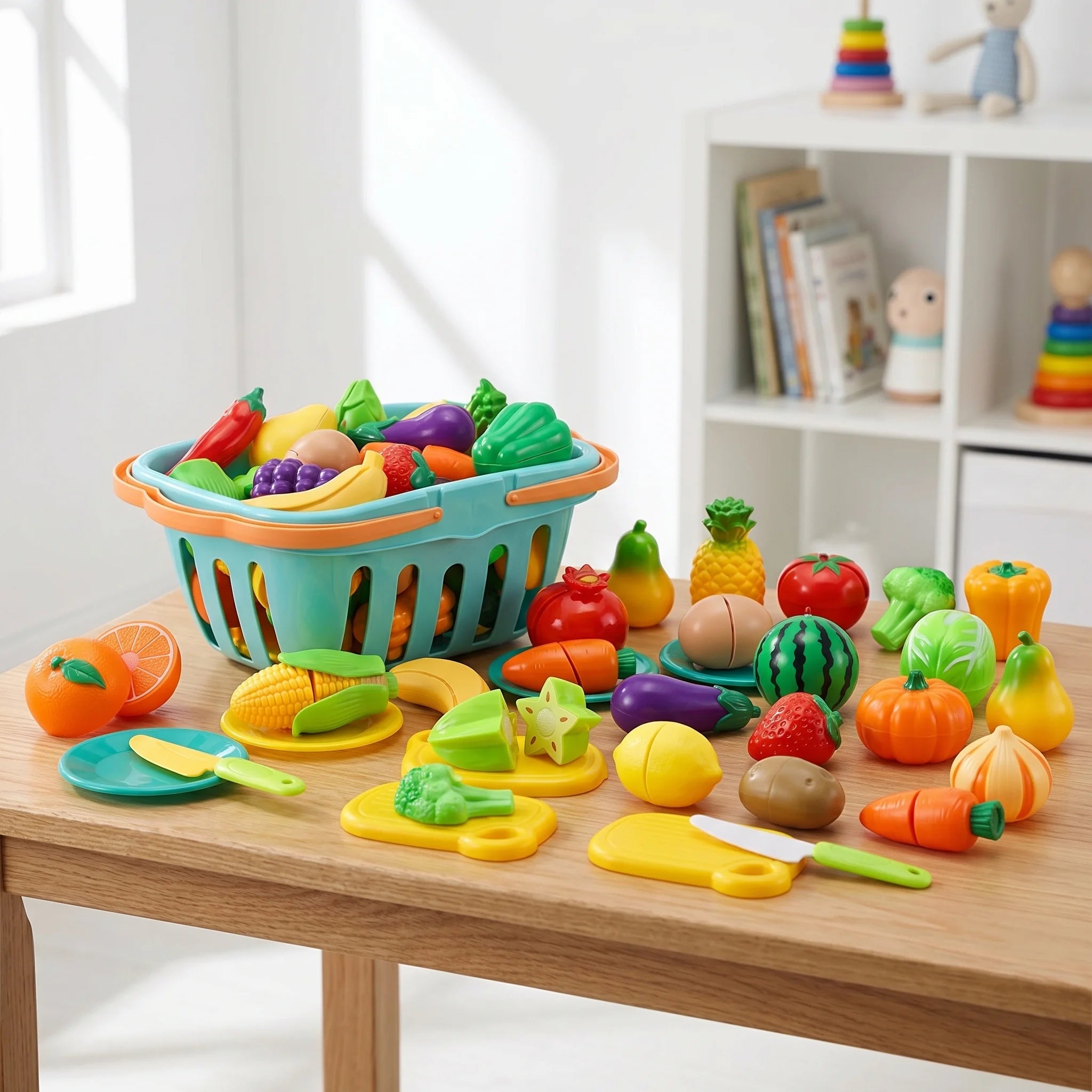Kids Kitchen Pretend Play Food Toy Set with Cutting Features Random Fruit & Vegetable Accessories Storage Basket & Plastic Dishe