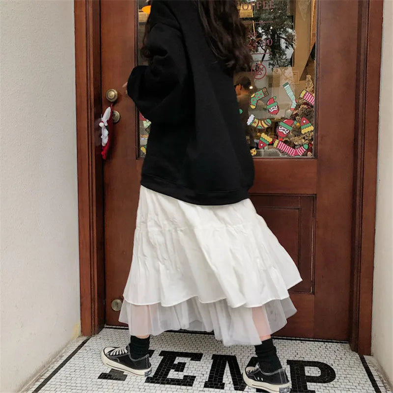 Long Tulle Midi Skirts Womens  Autumn Elastic High Waist Mesh Tutu Pleated Skirts Female Black White Long Skirt Streetwear