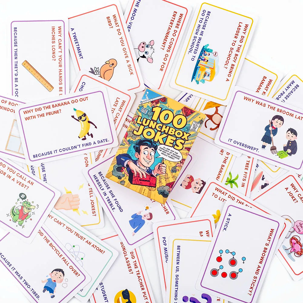 Kids Joke Cards 100pcs - Fun Lunchbox Notes With Puns Riddles Conversation Starters For Family Car Rides Road Trip Board Game