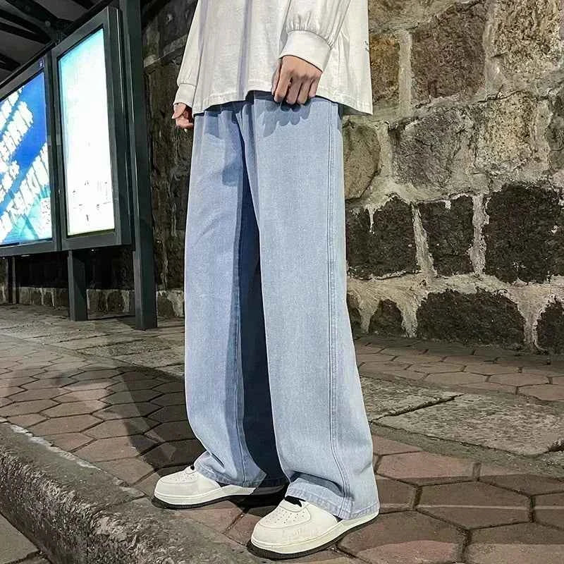 New Streetwear Loose Jeans Men Korean Style Fashion Loose Straight Wide Leg Pants Men's Brand Clothing Black Light Blue