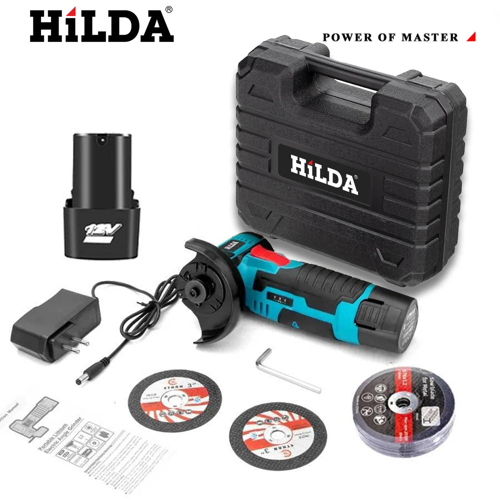 HILDA 3 inch 12V Miniature Rechargeable Angle Grinder with Battery Cutting Blade Polishing Grinder for Cutting Diamond Cordless