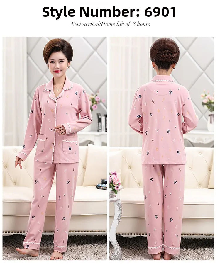 100% Pure Cotton Long Sleeve Sleepwear Set for Elderly Women Spring Summer Autumn Home Clothes Outwear Comfortable Home Suit