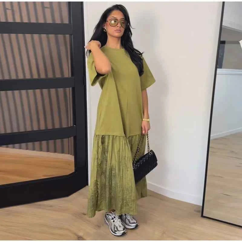 Elegant Women Patchwork Long Dress Short Sleeve O Neck Button A-Line Dresses Spring Summer Vintage Beach Vacation Casual Robes