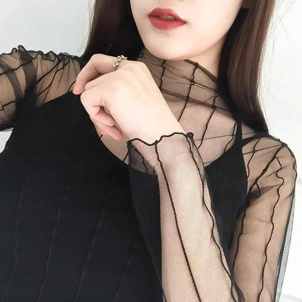Spring Summer Women Sexy Black Mesh Tops Bottoming T Shirts Transparent Sheer Blouses Turtleneck Streetwear Tees Sunscreen Top