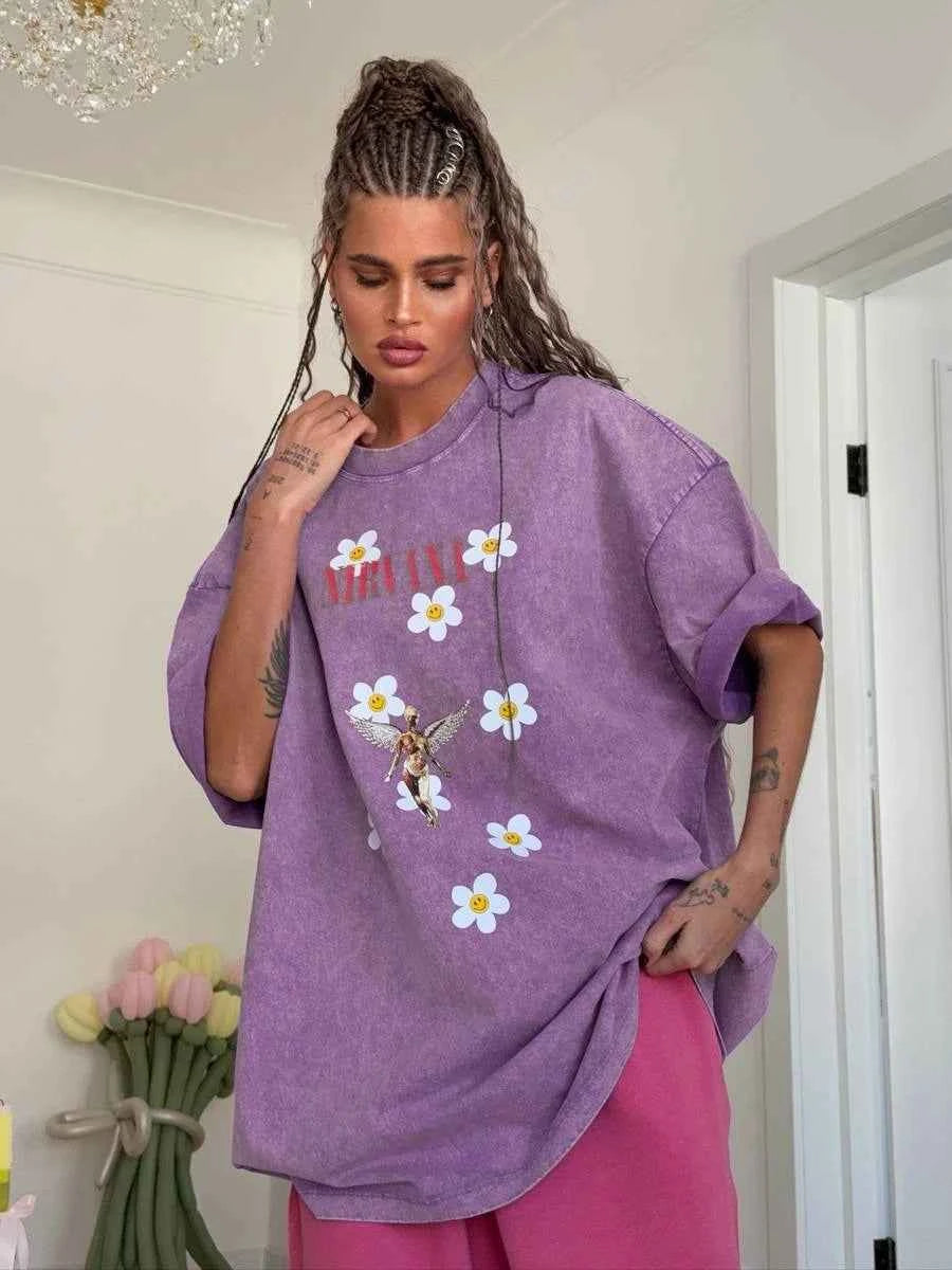 Sumuyoo Women's Retro Printed T-shirt Cotton Men Vintage Short-sleeve Wax Printing T Shirts Fashion Hip Hop Loose Fflower Tees