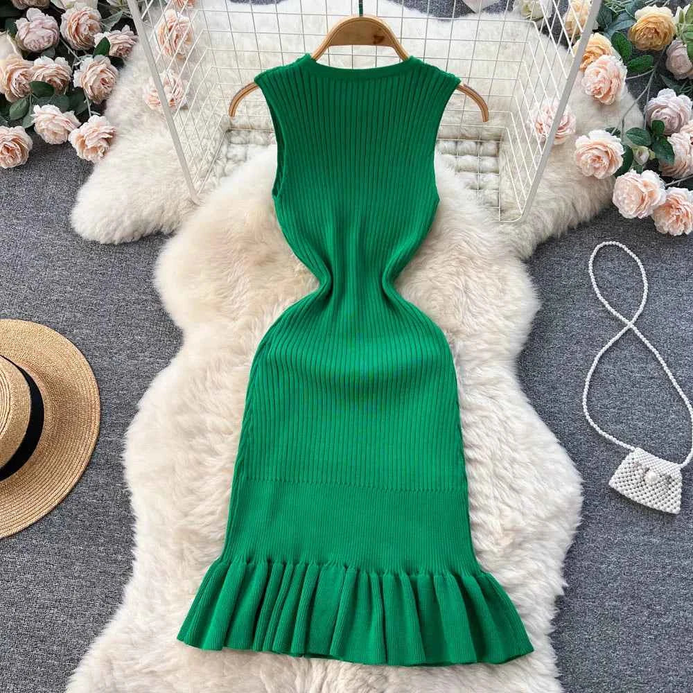 YuooMuoo Early Autumn Sexy Package Hips Ruffles Mini Dress Summer Fashion Y2K Knitted Bodycon Ladies Dress Korean Party Vestidos
