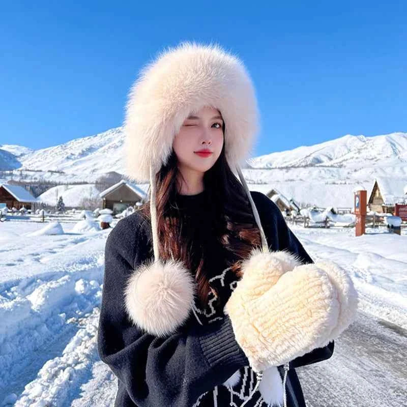 Winter Women Real Fox Fur Hat Fashion Casual Outdoor Warm Knitted Hats Girl Lovely 100% Natural Fox Fur Ear cap bomber caps