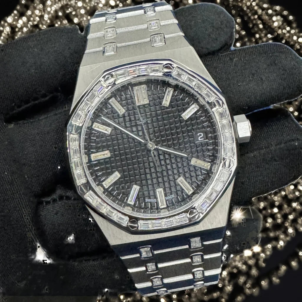 Luxury Simple Alloy Quartz Movement Men Stainless Steel Band Glass 20mm Moissanite Diamonds Hip Hop Fashion Analog Watch
