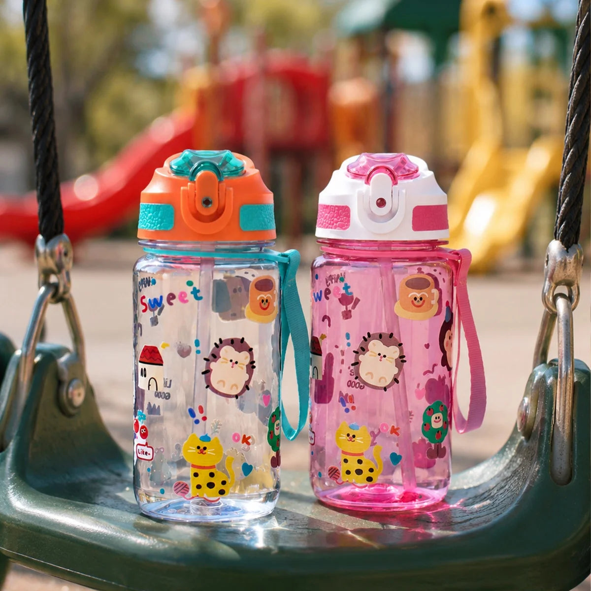 600ml Water Bottle With Straw Leakproof Flip Cap Cute Animal Print Portable Hanging Rope School Outdoor Sports Drinking Plastic