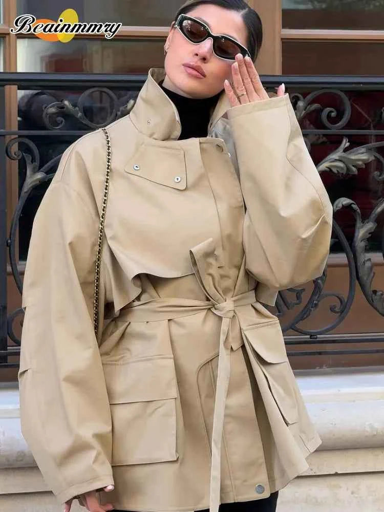 Cropped Lace-up Blue Casual Trench Coat Women Lapel Long Sleeve Wide Shoulder Windbreaker Jacket Fall Commute Daily Streetwear