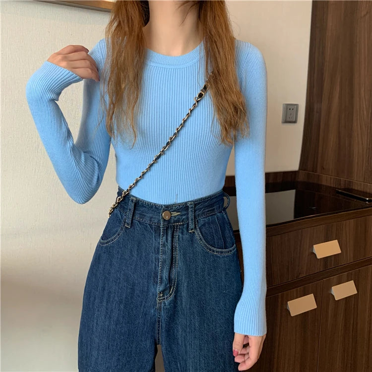 2026 New Women Sweater Autumn Winter Long Sleeve Pullover Basic Top Fashion O-neck Elastic Female Winter Solid Knitted Jumper