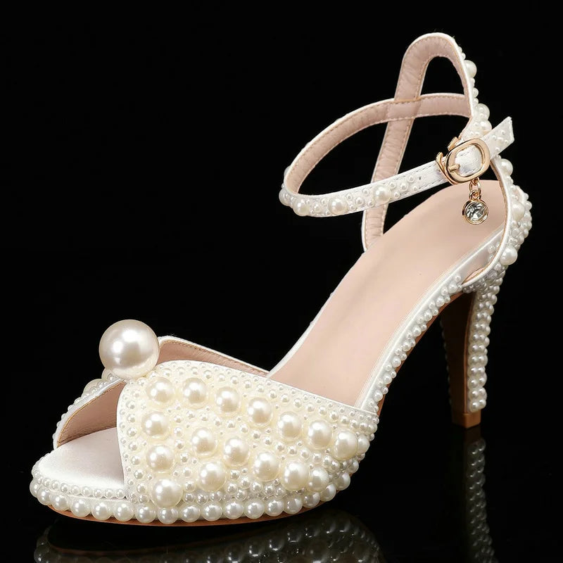 2025 Autumn New Fish Mouth High Heels Waterproof Platform Shallow Mouth 8.5cm Pearl Women'S Single Shoes Bride Wedding Shoes
