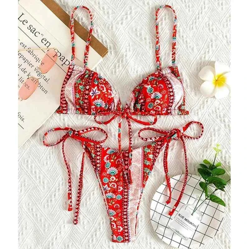 BIQIUYYI New Floral Print String Bandage Bikinis Triangle Cup Push Up Swimsuit Women Bathing Suit Beachwear Halter Swimwear XS