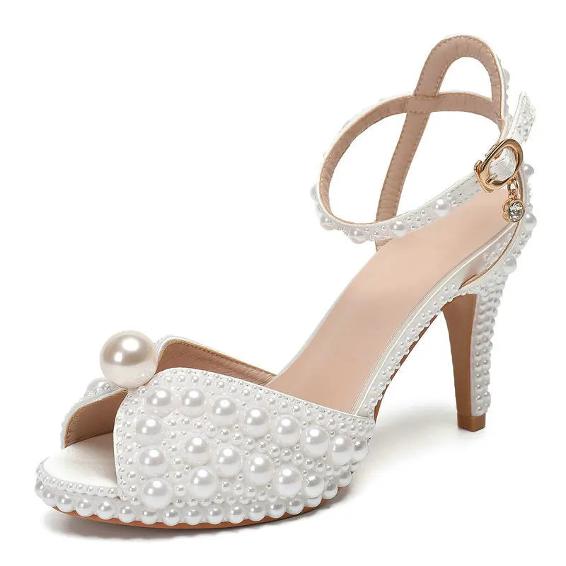 2025 Autumn New Fish Mouth High Heels Waterproof Platform Shallow Mouth 8.5cm Pearl Women'S Single Shoes Bride Wedding Shoes