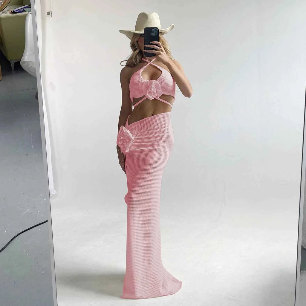 2025 3pack Bikini with Beach Skirt Swimwear Women 3D Flower Swimsuit Halter Bathing Suit Beachwear Bikini Set Biquini