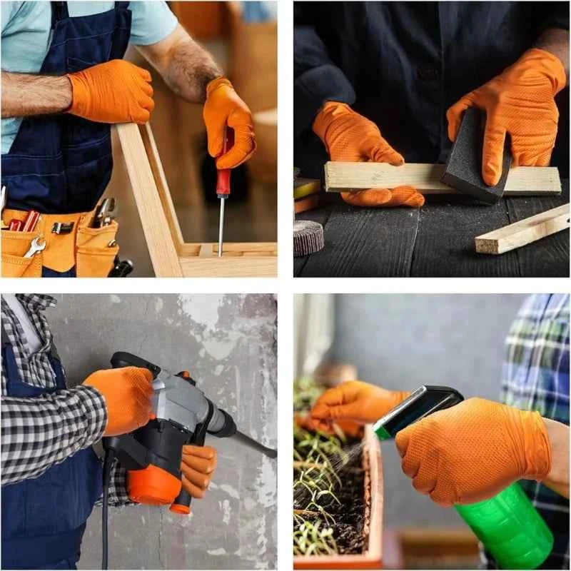 Orange Nitrile Gloves Disposable 8Mil Super Duty Diamond Textured Safety Protective Work Gloves Auto Mechanic Industrial Gloves