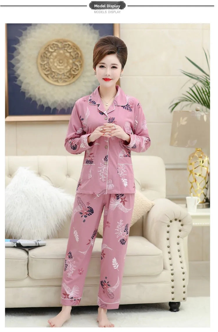 100% Pure Cotton Long Sleeve Sleepwear Set for Elderly Women Spring Summer Autumn Home Clothes Outwear Comfortable Home Suit